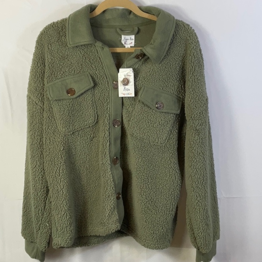 Hippie Rose Sage Green Sherpa Shacket Button Down Size XL